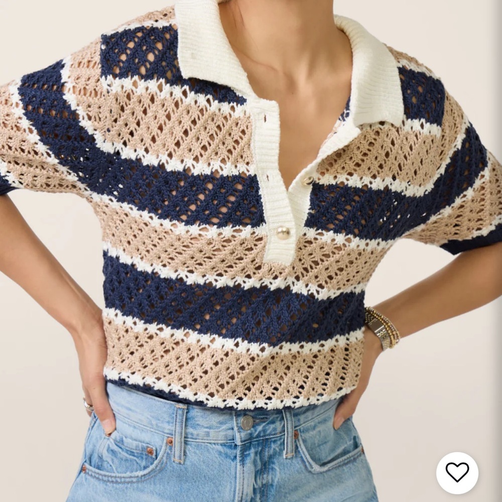 Design History Navy, Beige & Cream Crochet Stripe Polo Crop Top